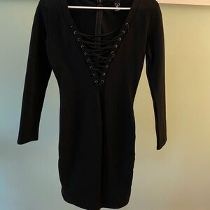 Women’s black long sleeve midi dress with lace up detail